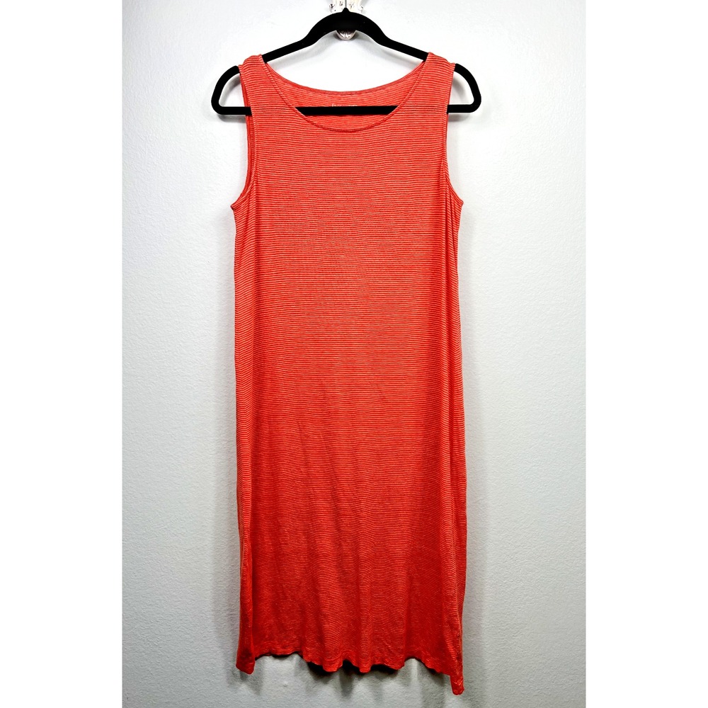 Eileen Fisher Midi Dress 100% Linen Striped Beachy Coastal‎ Resort Size S